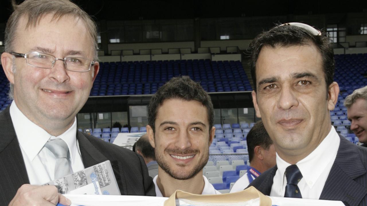 Anthony Albanese, Sydney Olympic captain Anthony Doumanis and George Giannaros (right) at Belmore Sportsground. Picture: Supplied