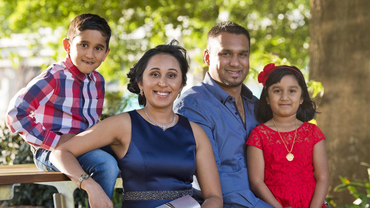 Citizens' representative Deemani Jayamanna, with husband Shan Wanasinghe and their son Hiresh Wanasinghe and daughter Senaya Wanasinghe before the Toowoomba Regional Council Australian Citizenship Ceremony at The Annex, Friday, October 18, 2019. Picture: Kevin Farmer