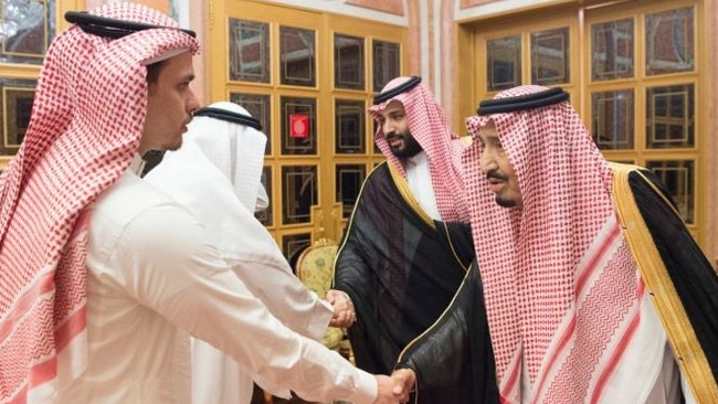 Jamal Khashoggi's son Salah bin Jamal shakes hands with King Salman and (behind) Mr Khashoggi’s brother Sahel Khashoggi meets Crown Prince Mohammed bin Salman. Picture; Saudi Press Agency.