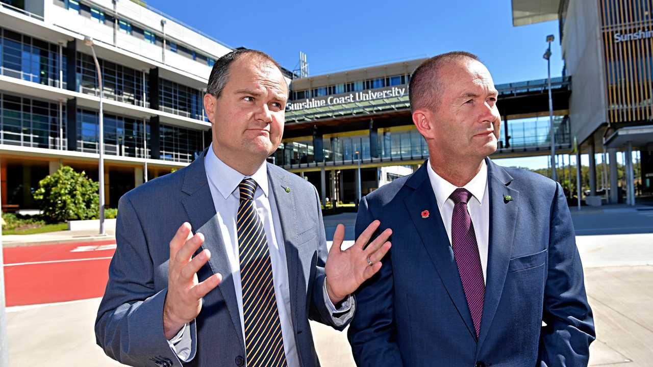 Member for Fisher Andrew Wallace and Member for Fairfax Ted O'Brien announce the government will support 15 additional medical places for the Sunshine Coast University Hospital, delivering a long-awaited medical school due to open next year. Picture: Warren Lynam