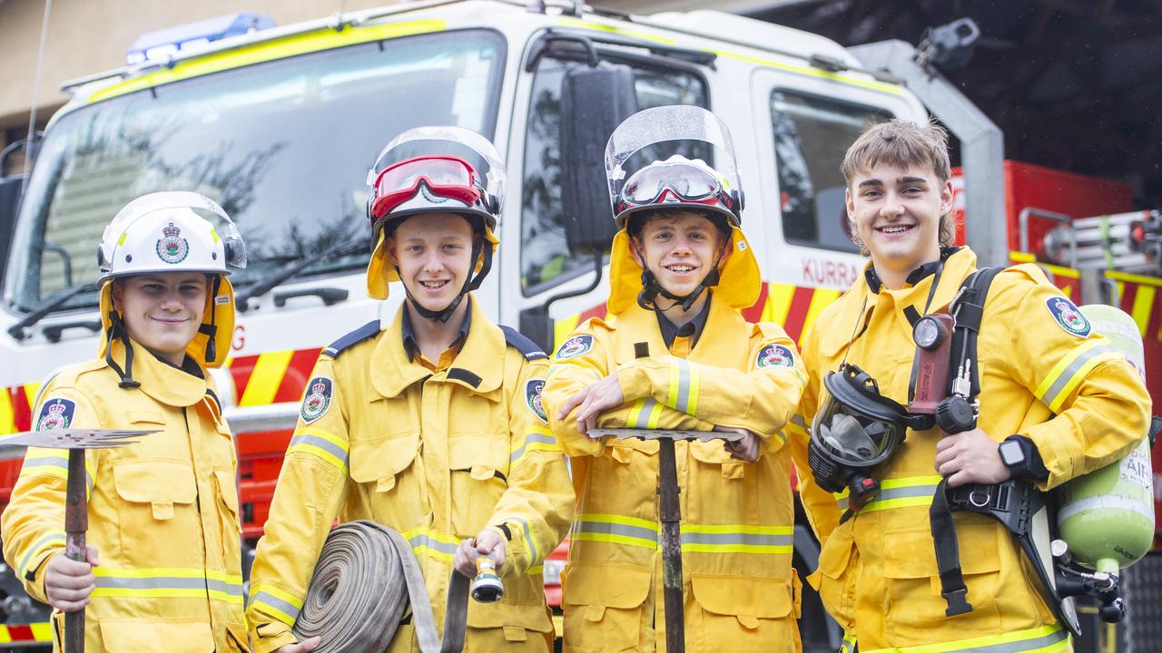 (From left, ) Riley Munro, Flyn Morgan, Michael Buckett and Finn McKinnon are the next generation of volunteer firefighters. Picture: Jeremy Piper