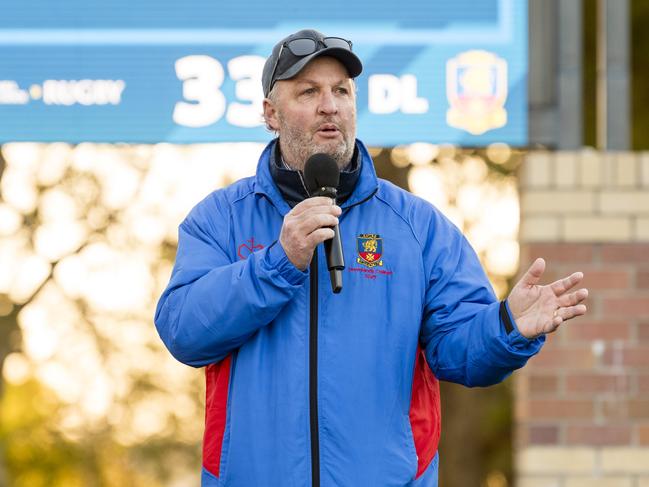 Downlands College principal Stpehen Koch speaking after the O'Callaghan Cup on Grammar Downlands Day at Toowoomba Grammar School, Saturday, August 19, 2023. Picture: Kevin Farmer