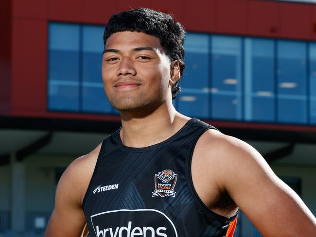 DAILY TELEGRAPH. EMBARGO - CHECK WITH SPORT / FATIMA BEFORE USE. Wests Tigers rising star Heamasi Makasini. Pictured at the ClubÃs high performance centre. Monday 15/07/2024. Picture by Max Mason-Hubers