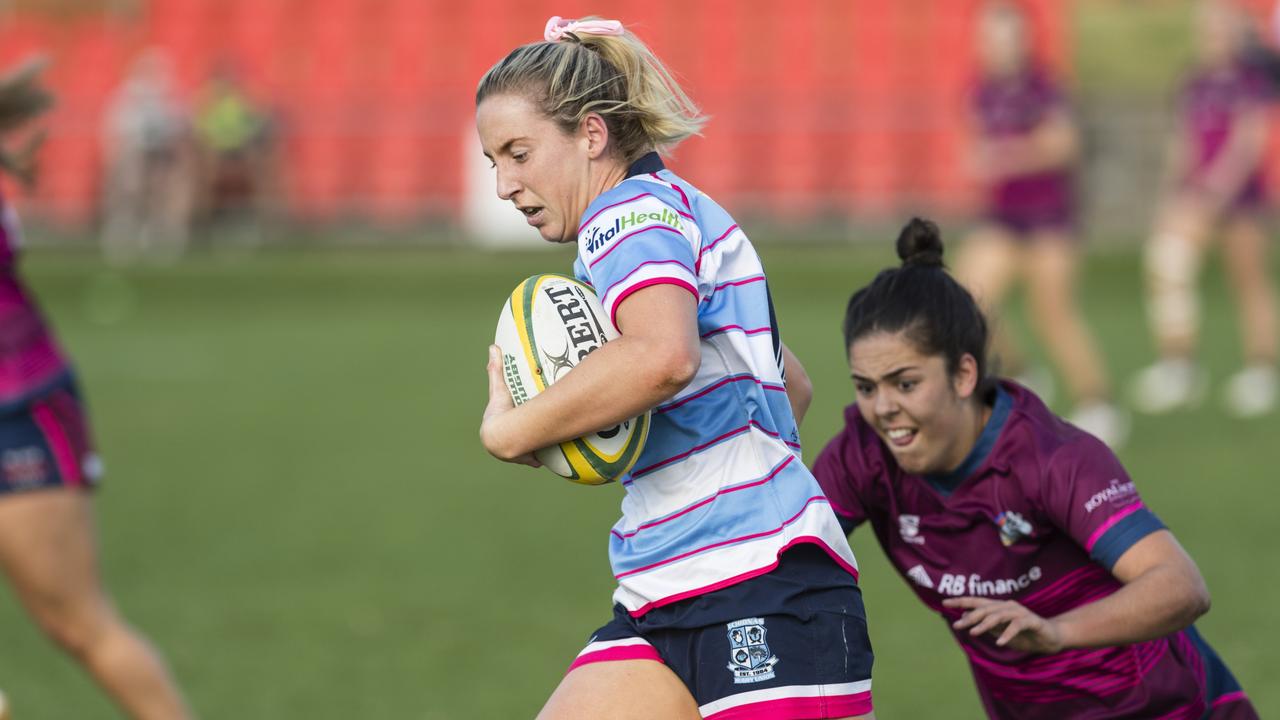 Meg Jakins in action for the Roma Echnidas in the 2023 Downs Rugby 7s grand final. Picture: Kevin Farmer