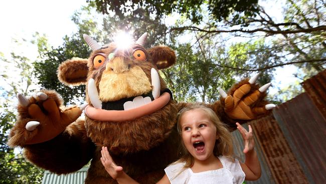 Imogen Newman, 5, from Highland Park meets the Gruffalo at Currumbin Sanctuary. Pic: Adam Head