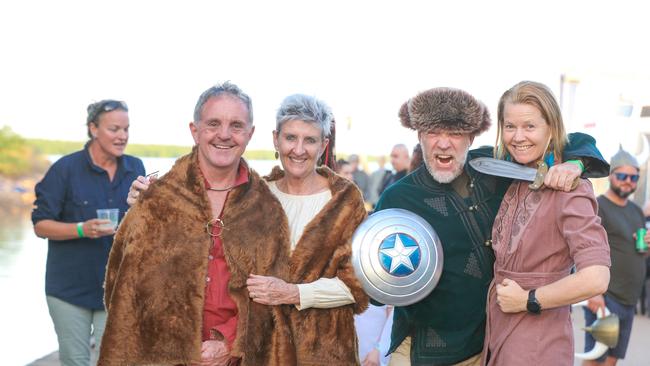 Cameron McDougall, Anna Morgan, Stephen Van Der Mark, and Leah McLennan at the annual Dinah Beach Yacht Clubs Viking Funeral. Picture: Glenn Campbell