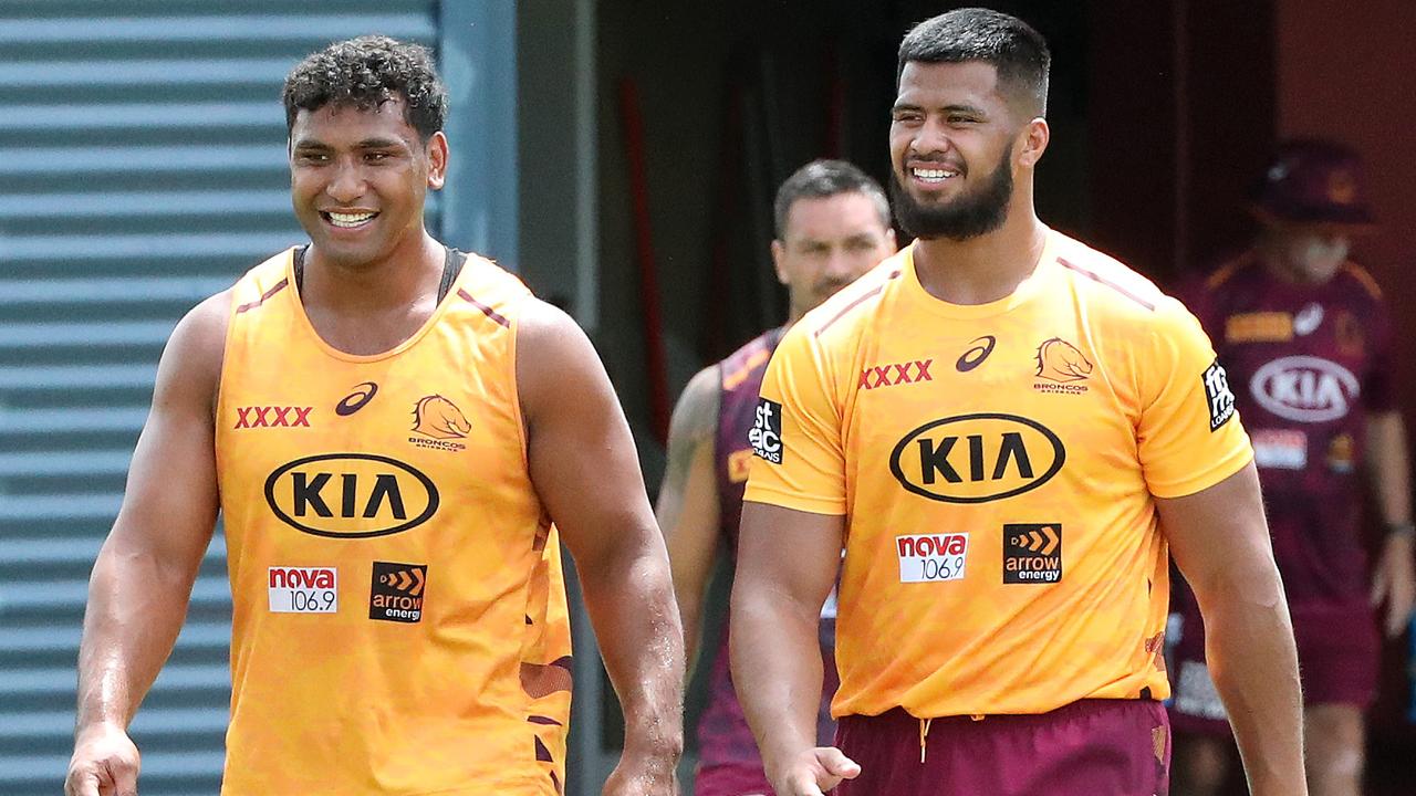 Tevita Pangai Jr. and Payne Haas at Broncos training earlier this year. Picture: Liam Kidston