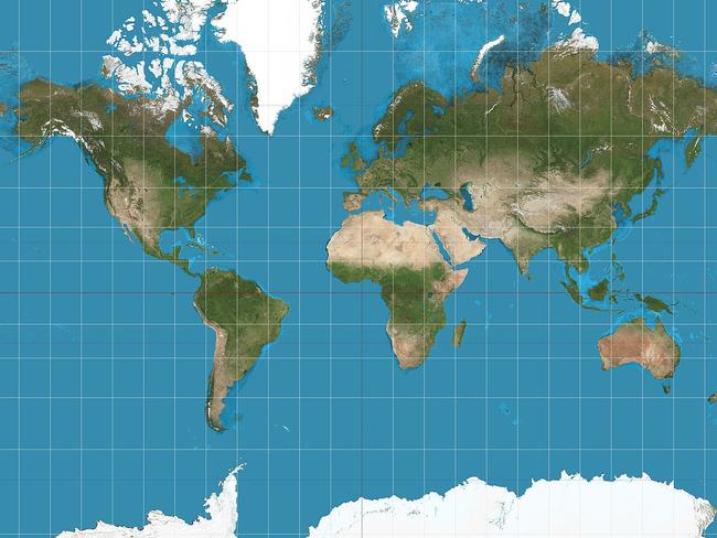 The Mercator Projection of the Earth is a map we’re probably more used to seeing. Picture: Wikicommons.