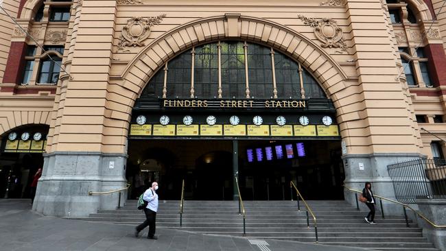 Flinders St Station is extraordinarily quiet at 9am on a weekday in Melbourne CBD. Picture: David Geraghty