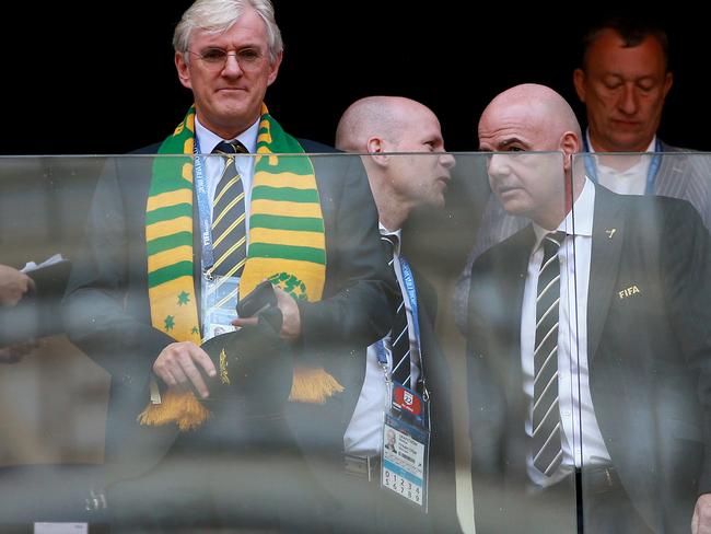 FFA Chairman Steven Lowy (L) and FIFA President Gianni Infantino (R) pictured in the stand at the World Cup match between Australia and Denmark at Samara Arena, Russia. Picture: Toby Zerna