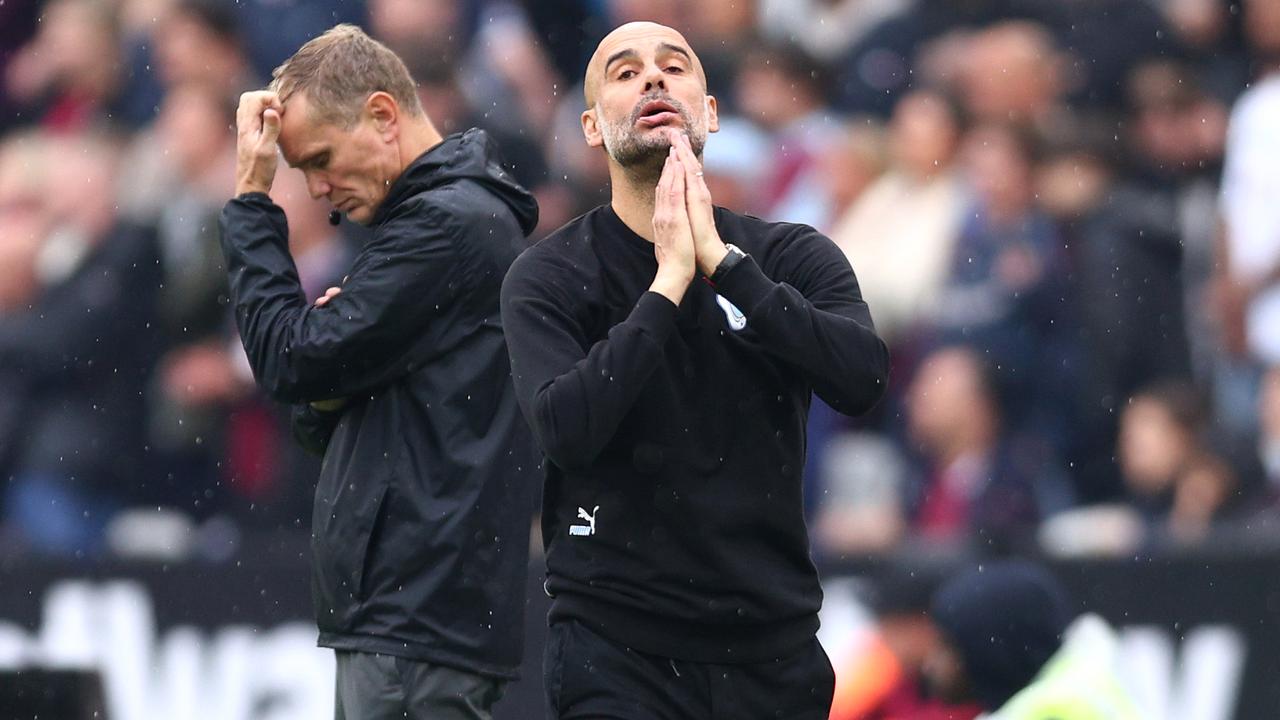 Pep Guardiola was visibly frustrated as City drew with West Ham. (Photo by Clive Rose/Getty Images)