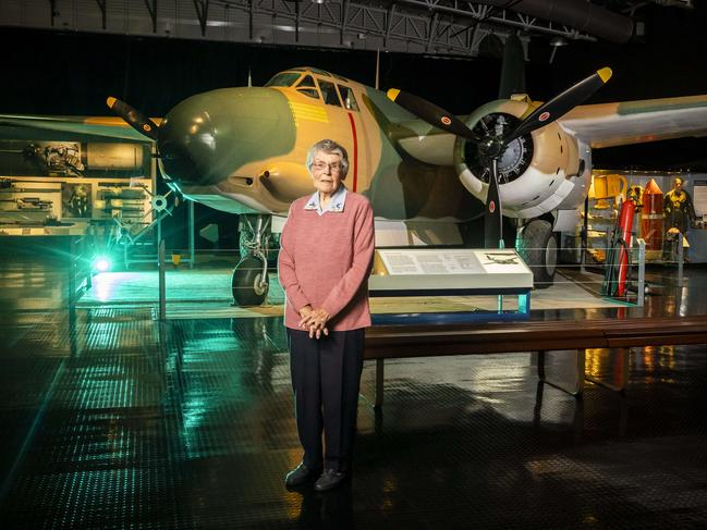 Joy Daymon in front of a Douglas A 20C Boston Bomber at the RAAF museum in Point Cook. Picture: Wayne Taylor