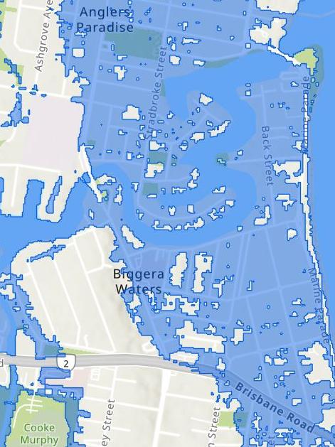 Gold Coast Council mapping showing projected flood levels from Cyclone Alfred. Biggera Waters.