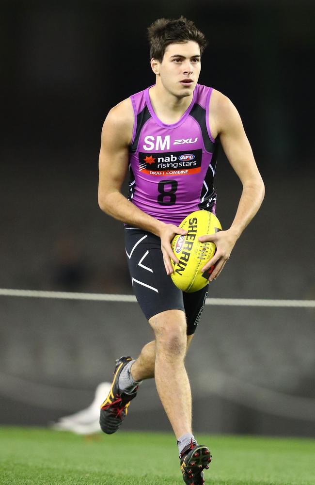 Jarman runs with the ball as he completes the goal kicking assessment during the NAB AFL Draft Combine at Etihad Stadium. (Photo by Scott Barbour/AFL Media/Getty Images)