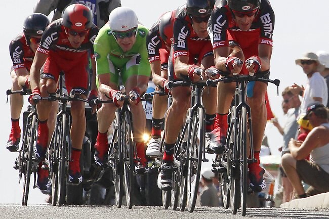 <p>The man in green, Australian Cadel Evans, produced an incredible ride with his BMC team to finish equal second in the team trial and move to within one second of the Tour de France lead.</p>