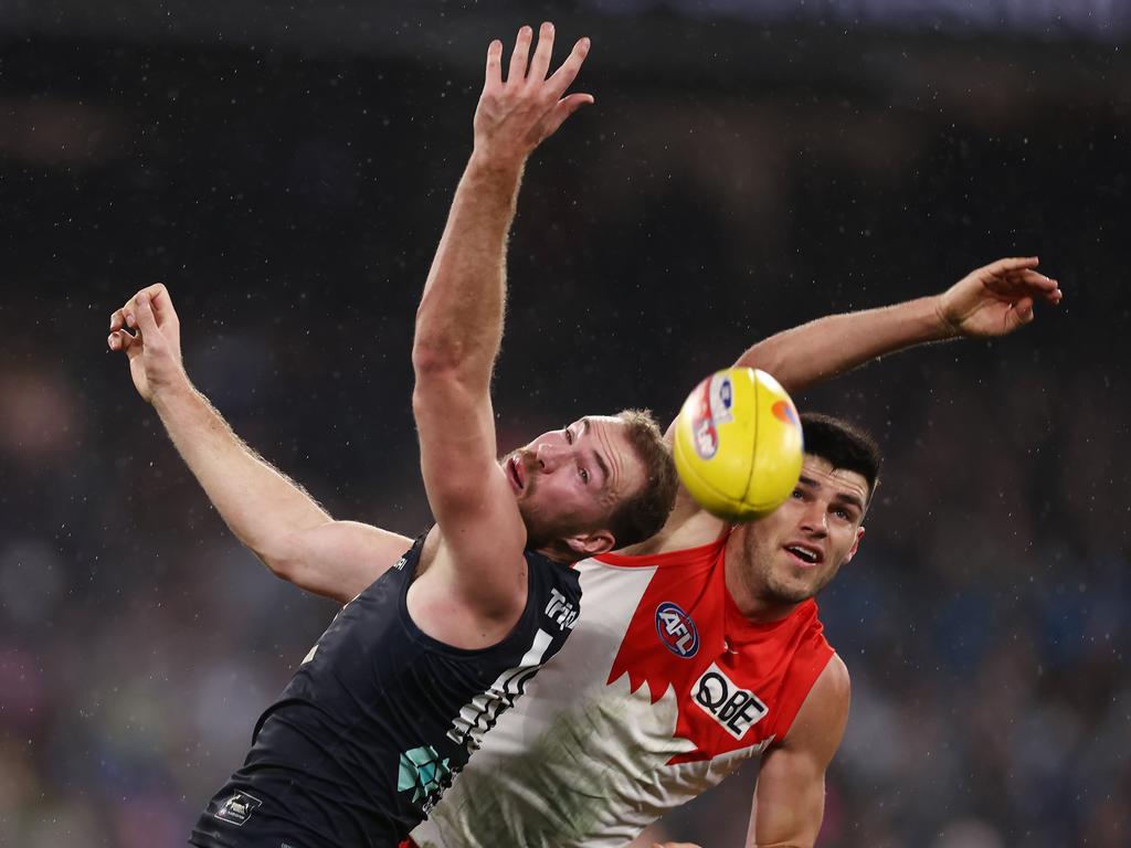 After almost two months out of the side, Melican didn’t put a foot wrong in the narrow loss to Carlton. Picture: Michael Klein