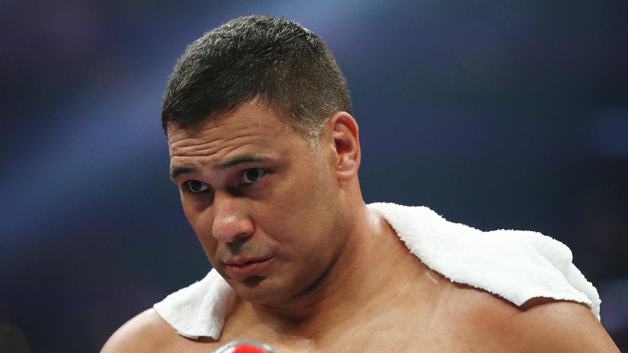 Former NRL player Justin Hodges looks on following his Heavyweight undercard fight against former NRL player Darcy Lussick at the International Convention Centre in Sydney, Friday, December 6, 2019. (AAP Image/Brendon Thorne) NO ARCHIVING, EDITORIAL USE ONLY