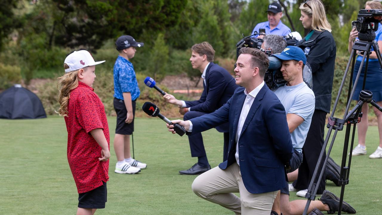 Ambrose faces his first media scrum at the Liv Golf Family Fairway Media Call at Grange Golf Club, Adelaide. Picture: Kelly Barnes