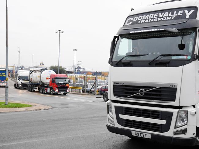 Lorries are seen outside the Purfleet Thames Terminal on October 23, 2019 in Purfleet, Essex. Essex Police said that a lorry containing 39 bodies, arrived in Purfleet on a freight ferry from Zeebrugge, Belgium. Picture: Leon Neal/Getty Images