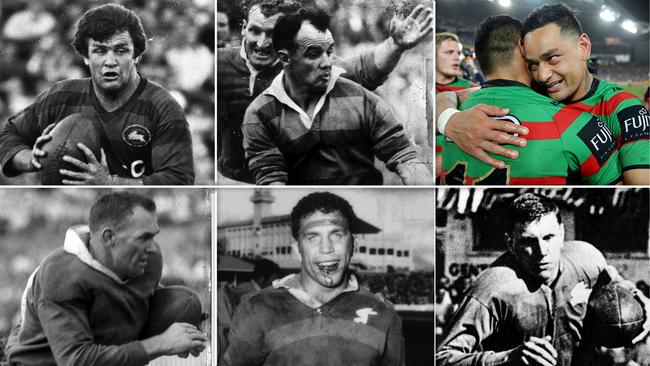 (Clockwise from top left) South Sydney greats George Piggins, Clive Churchill, John Sutton, Ron Coote, John Sattler and Jack Rayner.