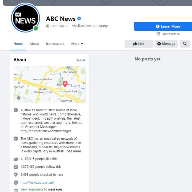 ABC News Facebook page has ‘no posts yet’ because Facebook has banned them.