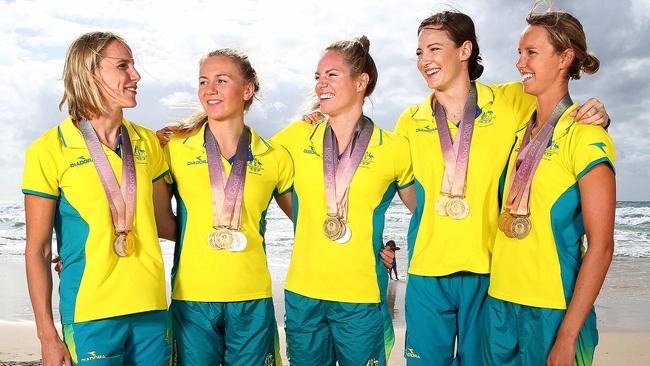 Australia’s golden girls (from left) Bronte Campbell, Ariarne Titmus, Emily Seebohm, Cate Campbell and Emma McKeon. Picture: Adam Head