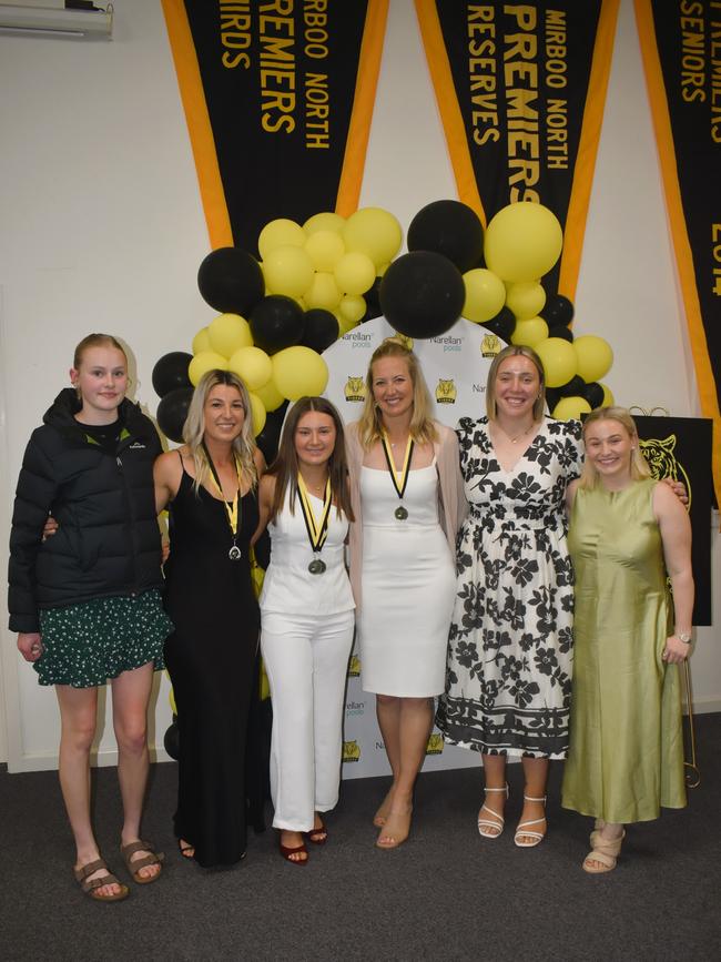 The Mirboo North Football Netball Club Tigers Presentation Night 2024 on Saturday, September 21, 2024: Marley Wallace, Emily Taylor, Sienna Cheffers, Emma Evans, Chloe Hogg and Maddi Knowles. Picture: Jack Colantuono