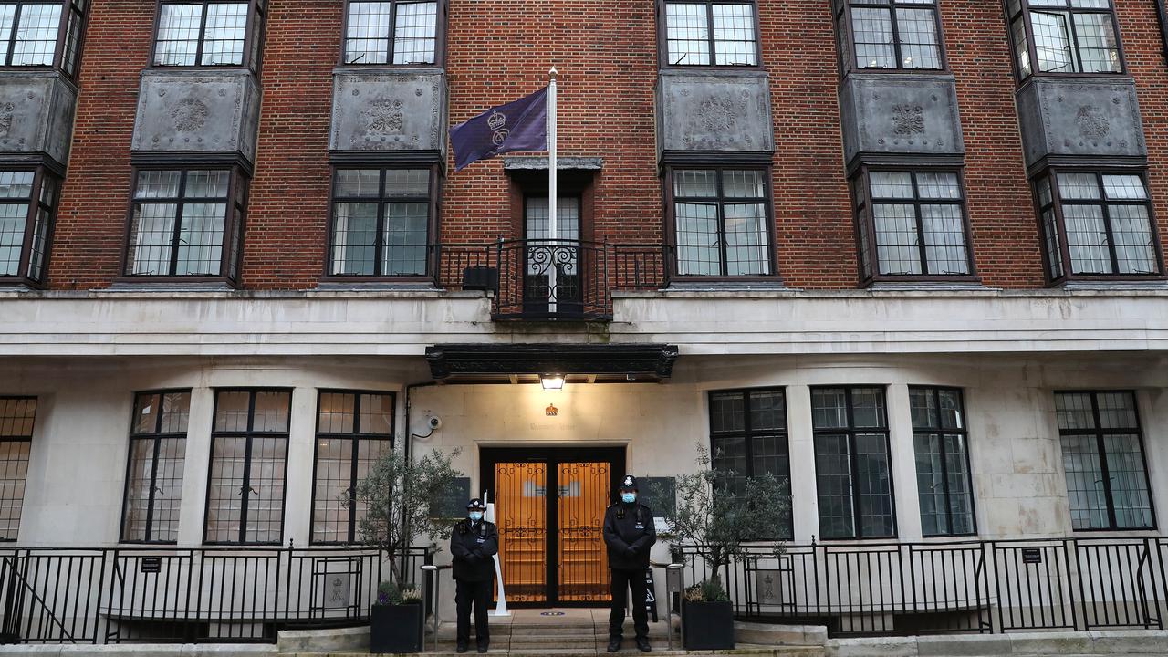 Police officers stand at the entrance to the King Edward VII hospital where Prince Philip, Duke of Edinburgh is currently receiving treatment on February 19, 2021 in London, England. Picture: Chris Jackson/Getty Images