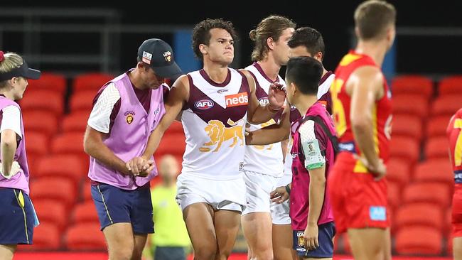 Cam Rayner suffered a serious knee injury in the Lions’ pre-season game against Gold Coast. Picture: Chris Hyde/Getty Images