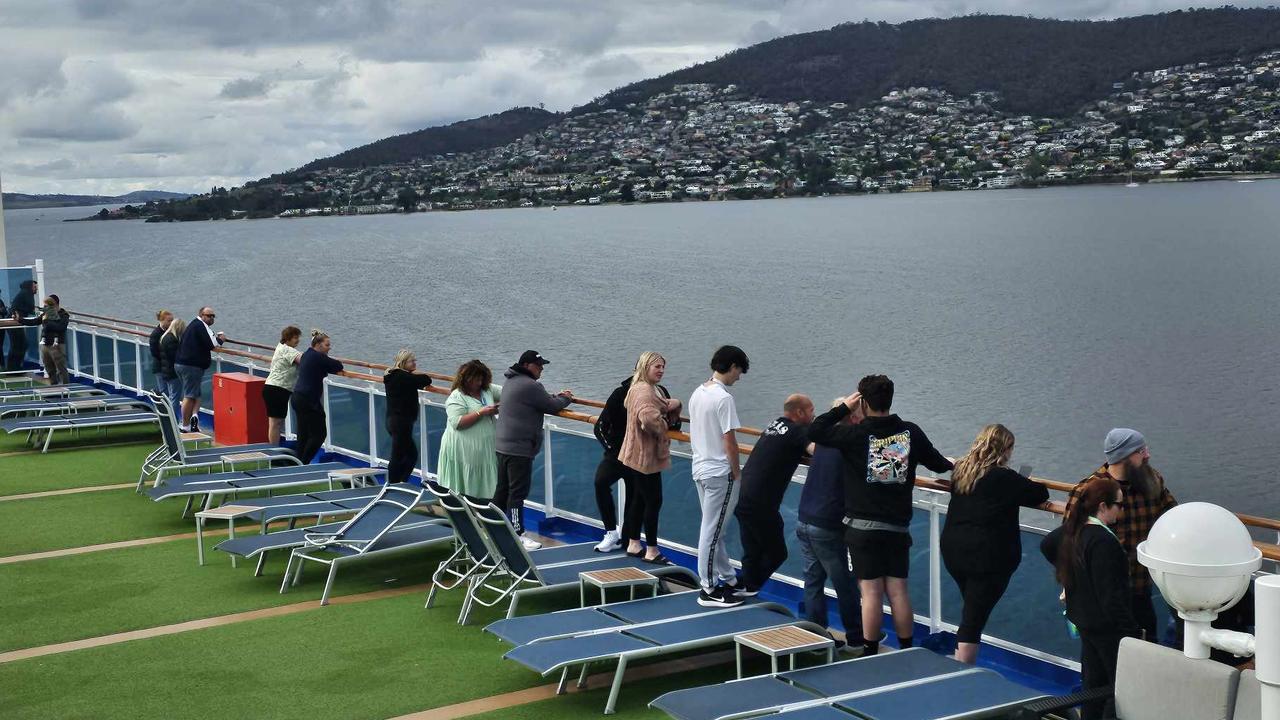 Passenegrs on board the cruise which will arrive in Hobart today. Picture: Frankie Jenson