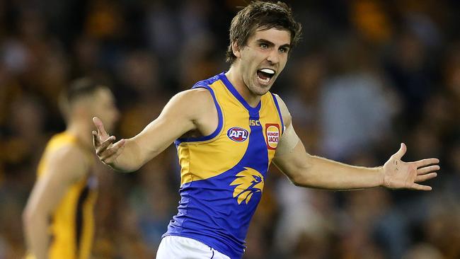 West Coast’s Andrew Gaff celebrates his goal in the third quarter. Picture: Michael Klein