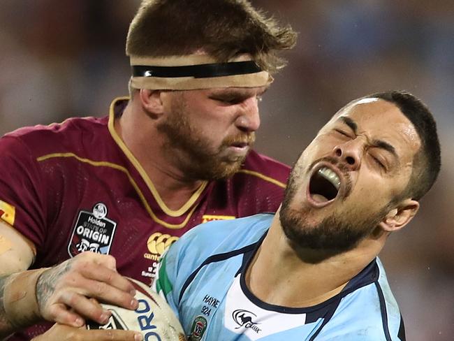 BRISBANE, AUSTRALIA - JULY 12:  Jarryd Hayne of the Blues is tackled during game three of the State Of Origin series between the Queensland Maroons and the New South Wales Blues at Suncorp Stadium on July 12, 2017 in Brisbane, Australia.  (Photo by Mark Kolbe/Getty Images)