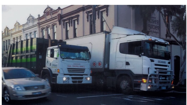 Demonstrating how challenging a dedicated bike lane would be to deliveries for Mr Unfanger’s business with imagery of how delivery trucks already have to double park. Picture: supplied.