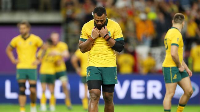 A dejected Samu Kerevi after Australia’s quarter-final loss to England.Picture: Dan Mullan/Getty