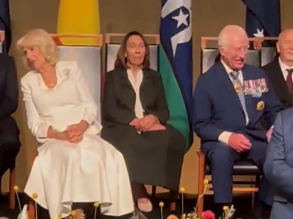 Queen Camilla and King Charles during Senator Thorpe’s interruption. Picture: NCA NewsWire