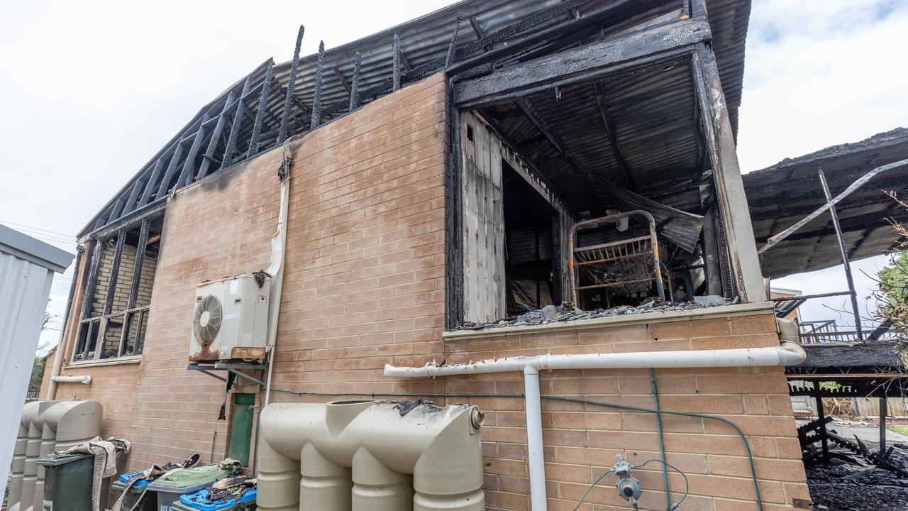 The gutted remains of the Bristow-Smith Ave, Goolwa South house after it was destroyed in a massive blaze on Tuesday night. Picture: Ben Clark