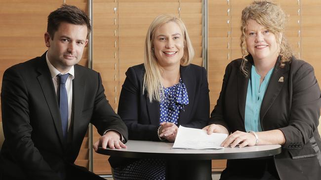 Three of greater Hobart’s new mayors – Dean Winter, of Kingborough, Kristie Johnston, of Glenorchy and Anna Reynolds, of Hobart – are open to council amalgamations. Picture: MATHEW FARRELL