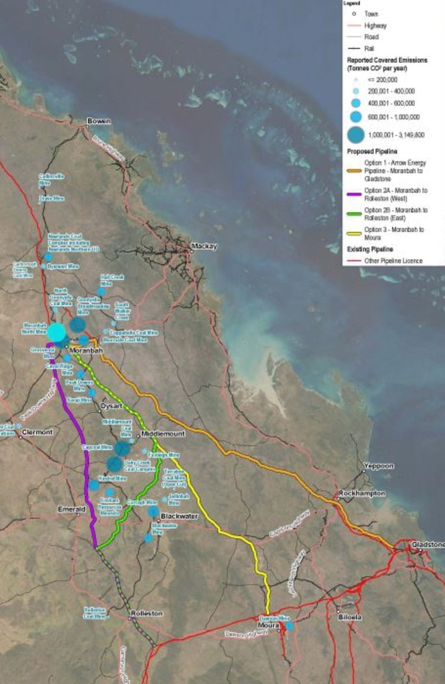 Map showing CO2 emissions by coal mine as well as possible pipeline routes. Source: Bowen Basin Concept Study