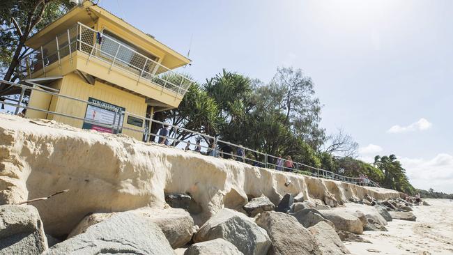 Erosion on Noosa Main Beach has been reinforced by a temporary rock wall. Photo Lachie Millard