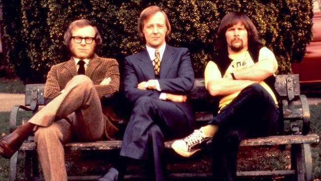 Tim Brooke-Taylor, centre, has died after contracting COVID-19. Pictured with fellow members of The Goodies Graeme Garden and Bill Oddie.