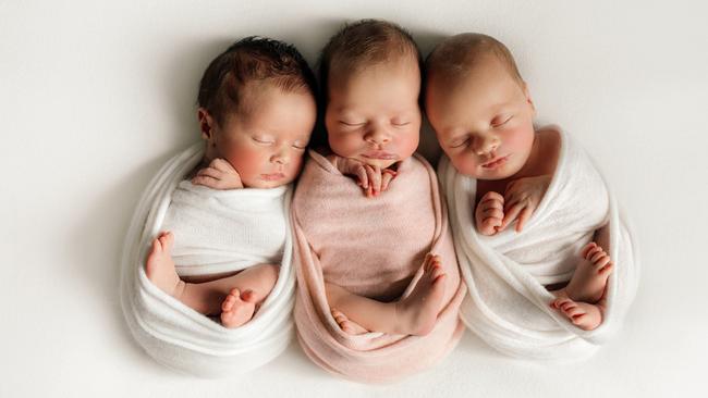 Triplets Auggie, Edie and Owen. Their mum, Carly Goya, is pleading with politicians to roll out a national RSV immunisation plan. Picture: Supplied