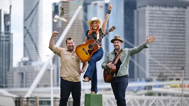 21/10/2024: (L-R) Daryl Raven , CEO Old Music Trails, and Country music artists Taylor Moss and Brad Butcher, at the the launch of Queensland Music Festival's Outback Trails, at South Bank, Brisbane. pic: Lyndon Mechielsen/Courier Mail