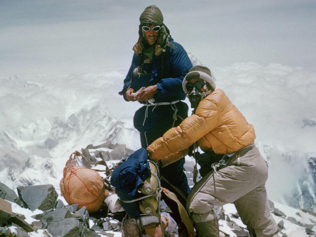 Photographer Alfred Gregory's 1953 photograph of explorers Edmund Hillary and Sherpa Tensing (Tenzing) Norgay en route to highest camp at 8500 metres during their ascent of Mount Everest, part of the exhibition 'Alfred Gregory - A Retrospective' at LAB X Gallery, St Kilda in Melbourne, 07/2005.