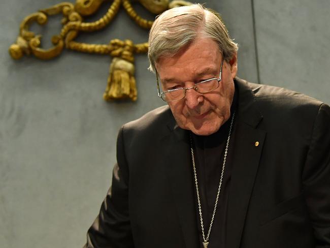 Cardinal George Pell making a statement at the Holy See Press Office in Vatican City. Picture: AFP Photo/Alberto Pizzoli