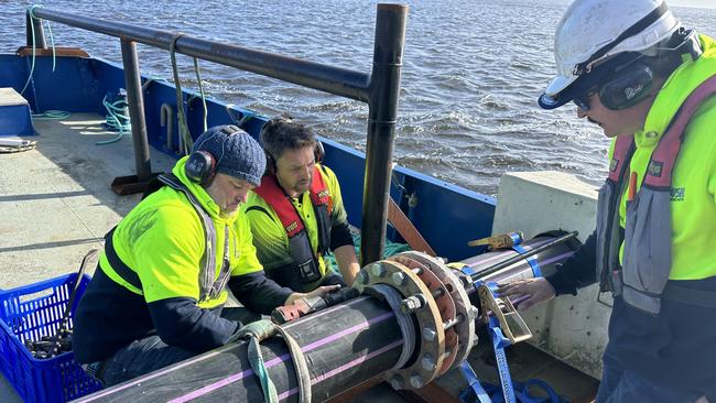 Pipeline construction workers Mark Langridge, Toby Burgess-Wilson and Nils Bush. Image: South Arm Irrigation Scheme.