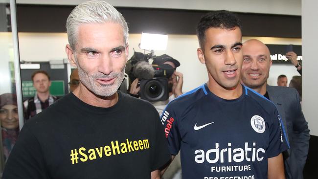 Hakeem al-Araibi returns to Australia with Craig Foster. Picture: Getty Images 