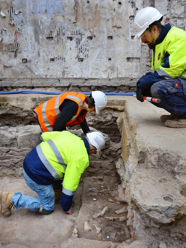 The remains of Melbourne's first school have been uncovered by the Metro Tunnel archaeological dig on Swanston Street. Picture: Nicki Connolly