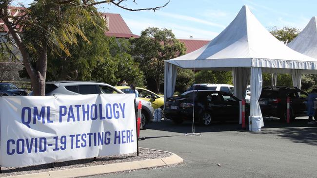 People being tested at the mobile Covid testing centre at Outback Spectacular Carpark at Oxenford. Picture: Glenn Hampson.