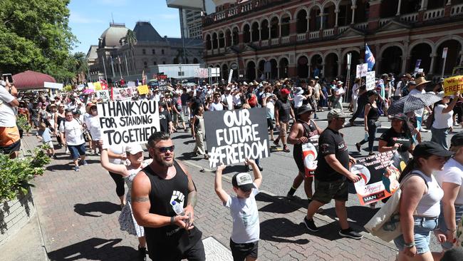 The Freedom Rally in the Brisbane CBD on Saturday. Picture: Annette Dew
