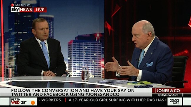Tony Abbott on Jones and Co on Tuesday night, defending his running commentary of the government’s performance. Picture: Supplied